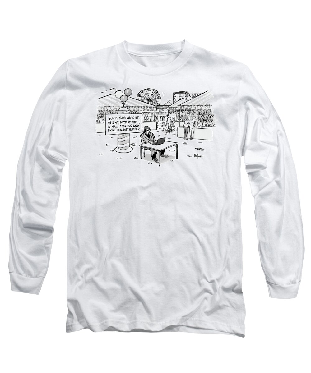 A Sketchy-looking Man Sits At A Table In A Carnival With A Sign Behind That Reads Long Sleeve T-Shirt featuring the drawing A Sketchy-looking Man Sits At A Table by Kaamran Hafeez