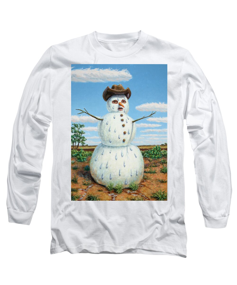 Snowman Long Sleeve T-Shirt featuring the painting A Snowman in Texas by James W Johnson