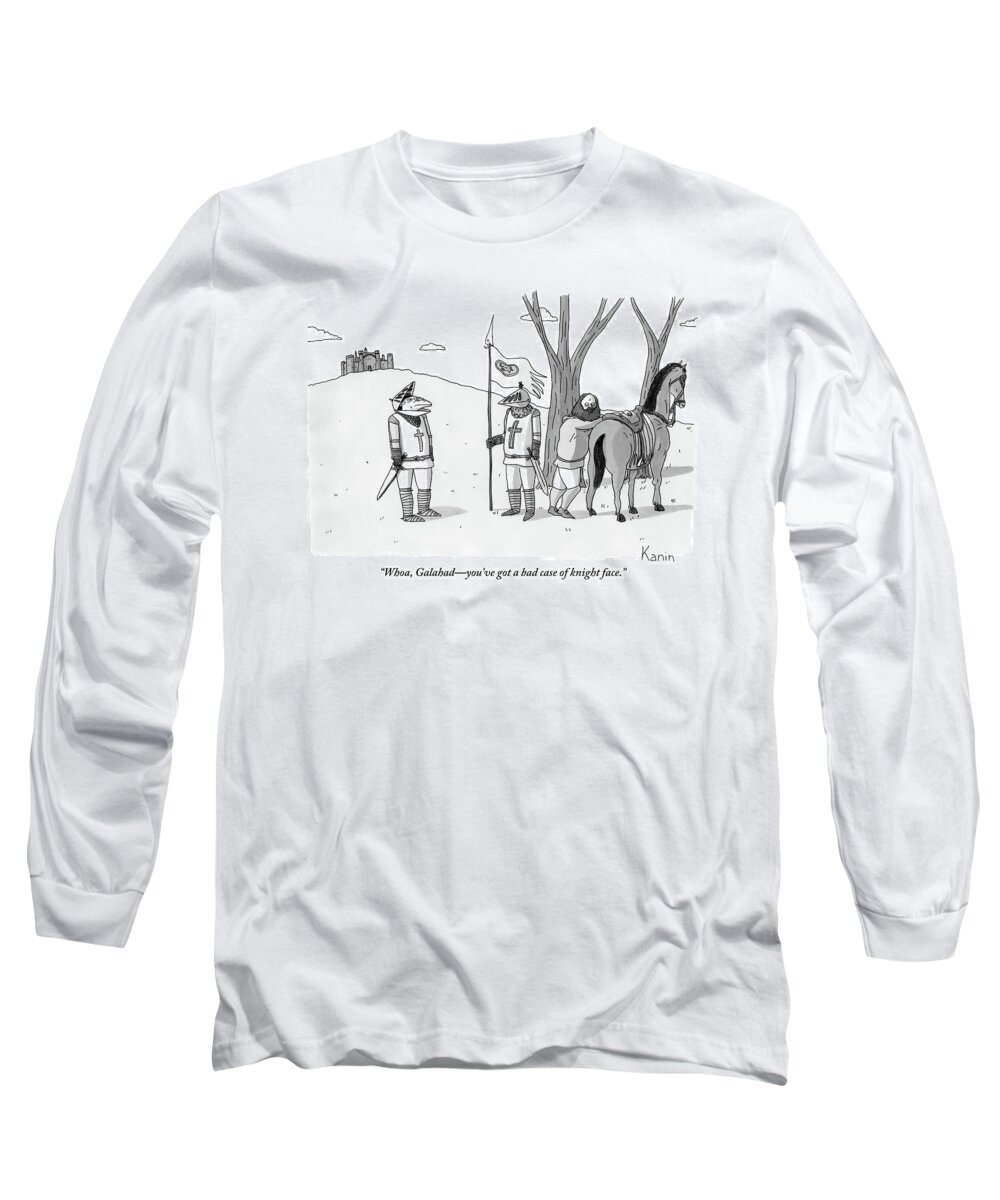 Medieval Long Sleeve T-Shirt featuring the drawing A Squire Looks At A Knight Whose Triangular Face by Zachary Kanin