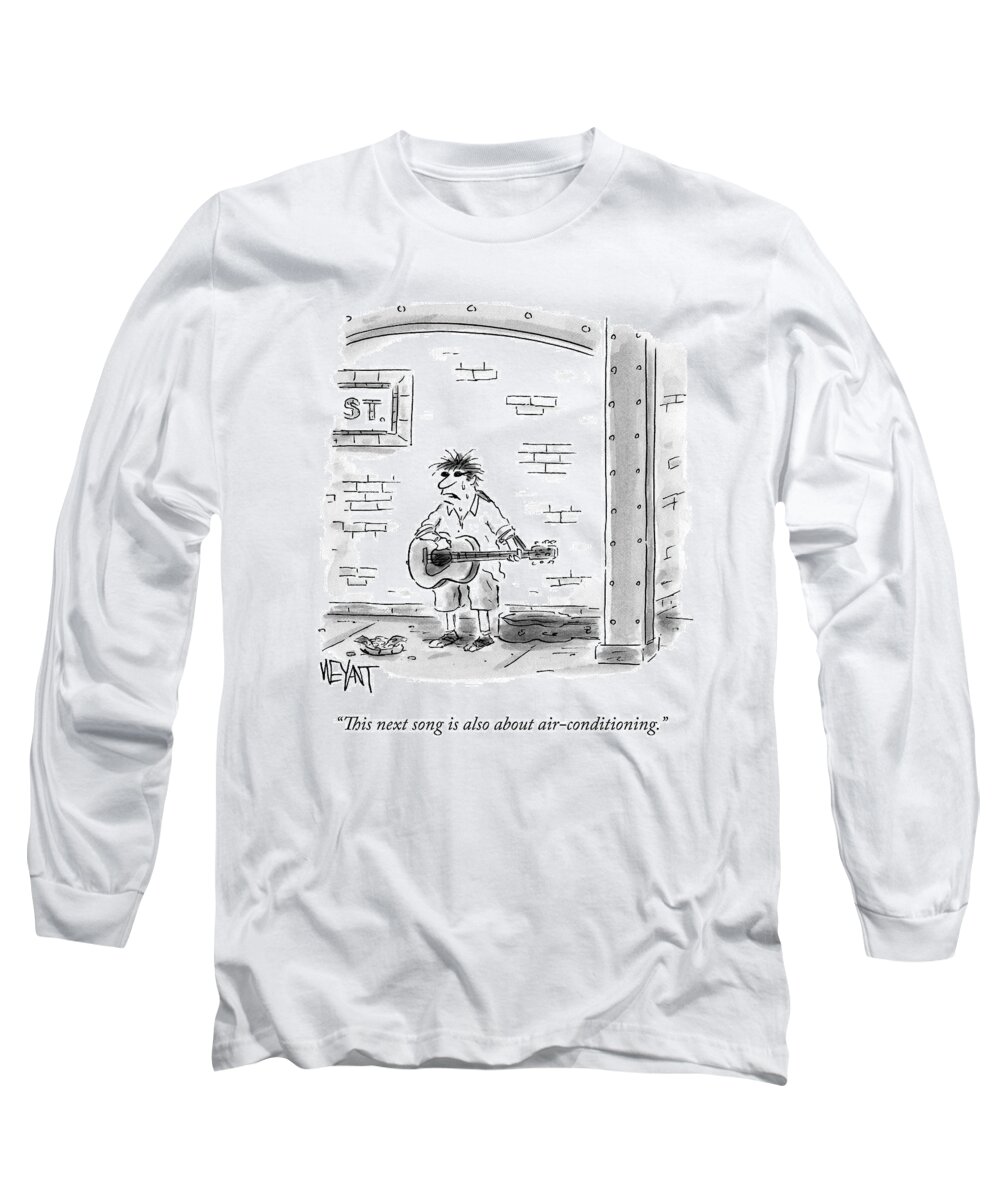 Subway Long Sleeve T-Shirt featuring the drawing A Sweaty Man Performs With A Guitar On A Subway by Christopher Weyant
