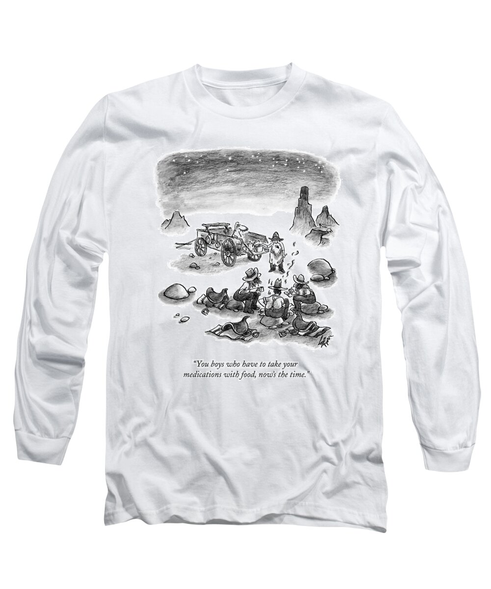 Medication Long Sleeve T-Shirt featuring the drawing A Trail Cook Speaks To Three Prospectors by Frank Cotham