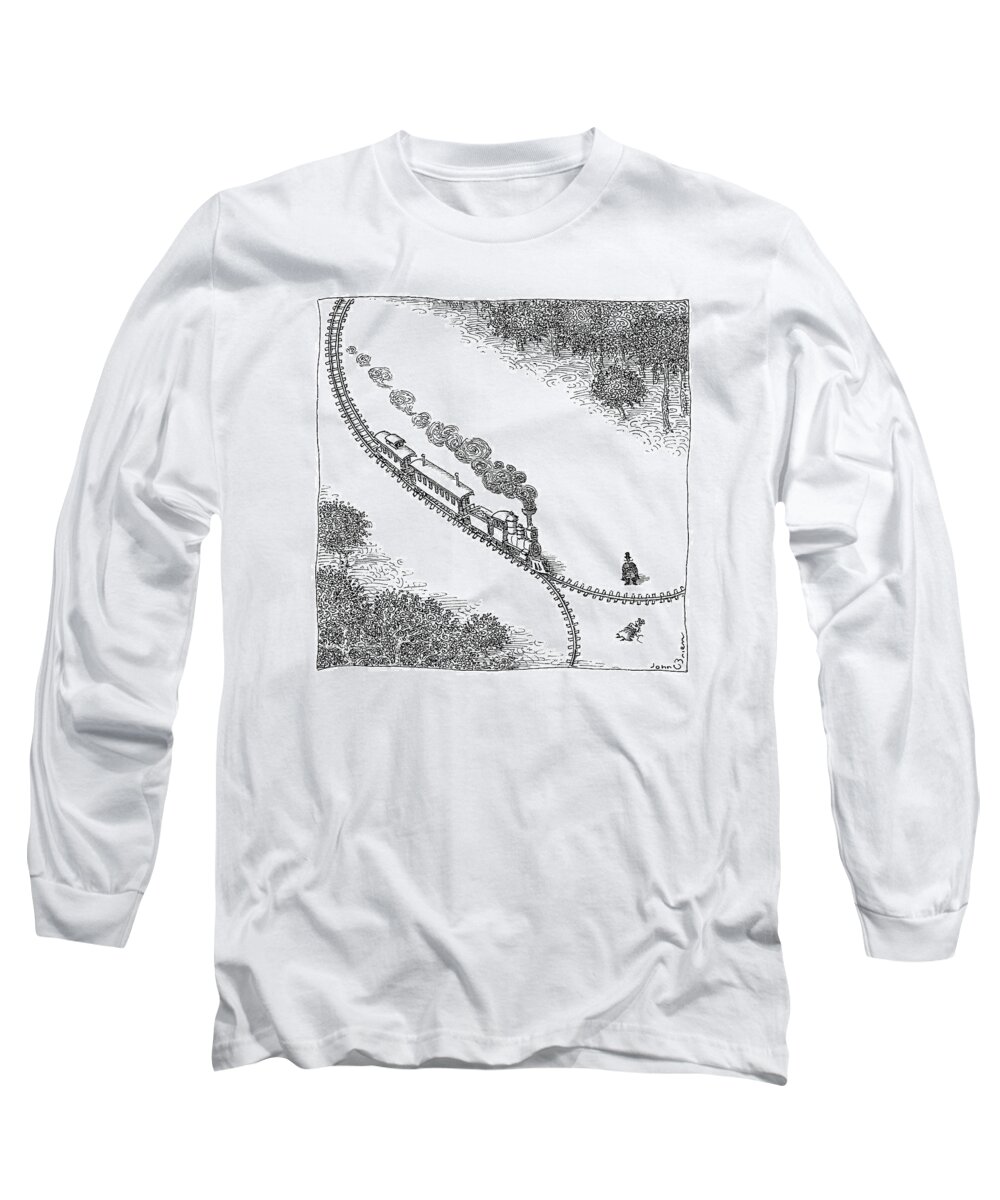 Captionless Zipper Long Sleeve T-Shirt featuring the drawing A Train Heads Toward A Tied Up Victim Traveling by John O'Brien