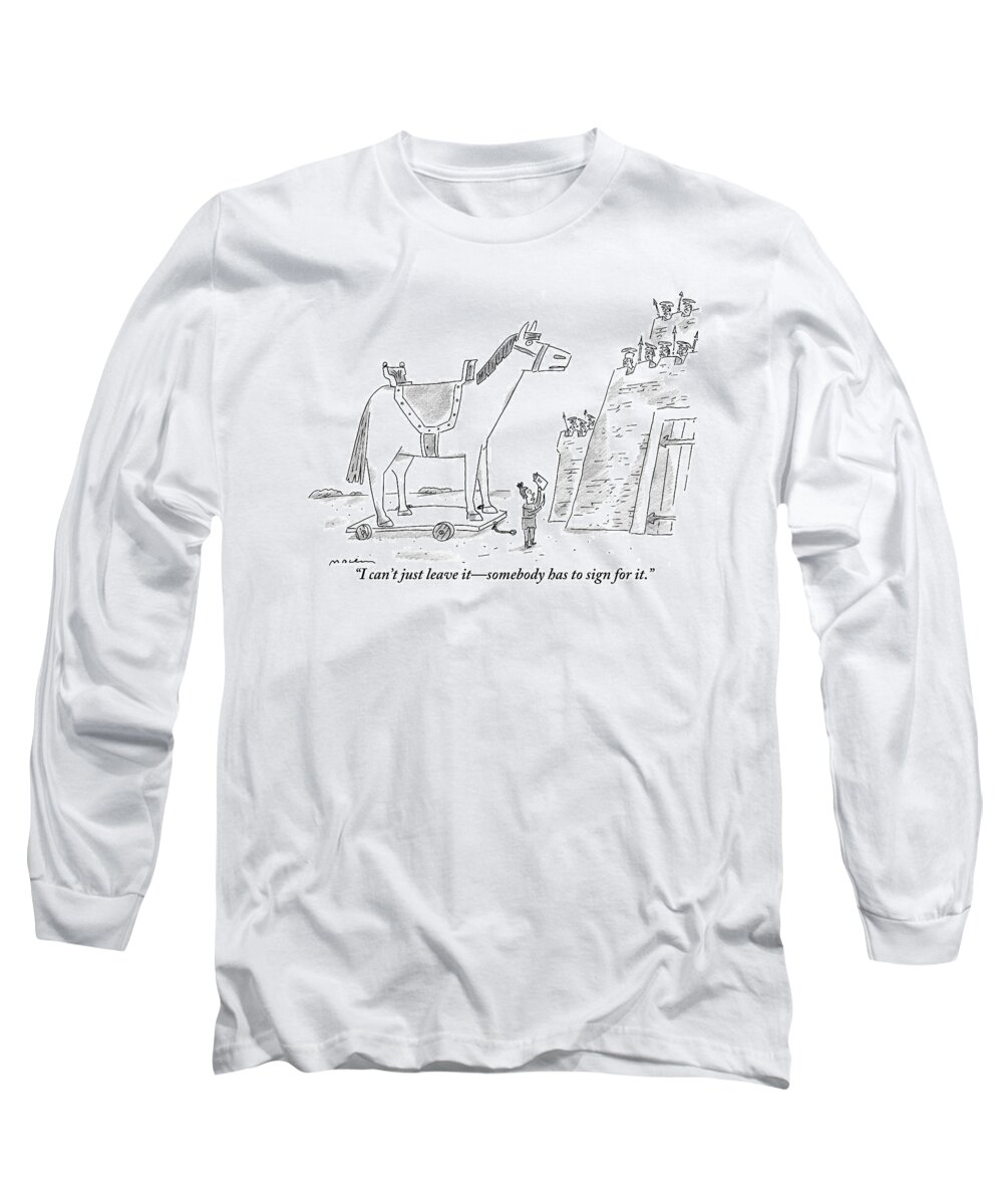 Trojan Horse Long Sleeve T-Shirt featuring the drawing A Trojan Horse Is Delivered To A Guarded Castle by Michael Maslin