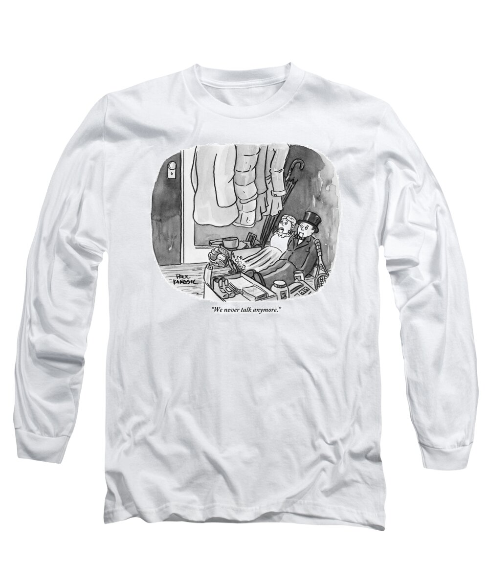 Talk Long Sleeve T-Shirt featuring the drawing A Ventriloquist Dummy Wife To Her Ventriloquist by Paul Karasik
