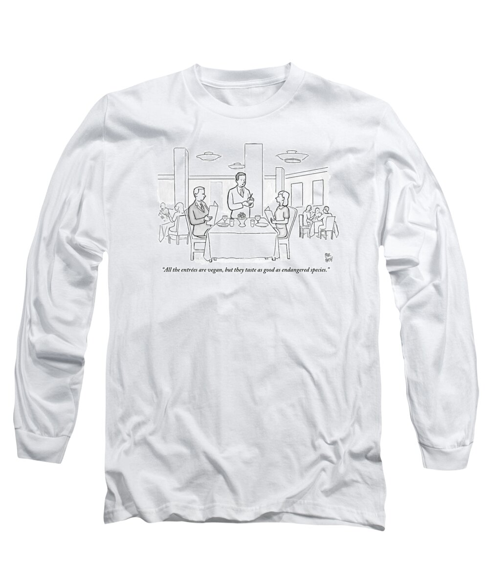 Waiters Long Sleeve T-Shirt featuring the drawing A Waiter Addresses A Couple Who Are Seated by Paul Noth