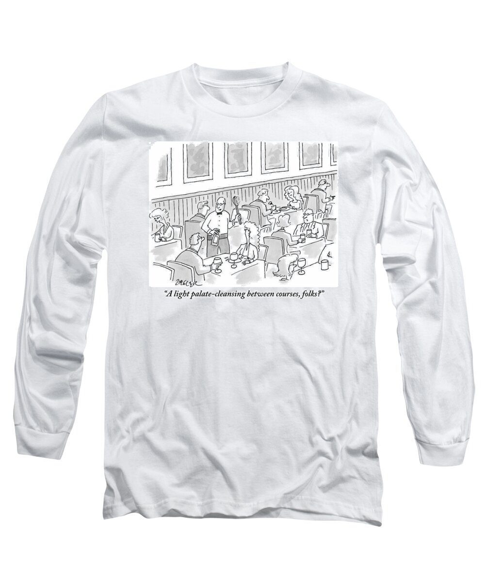 Waiters Long Sleeve T-Shirt featuring the drawing A Waiter Stands Over A Couple's Table by Jack Ziegler