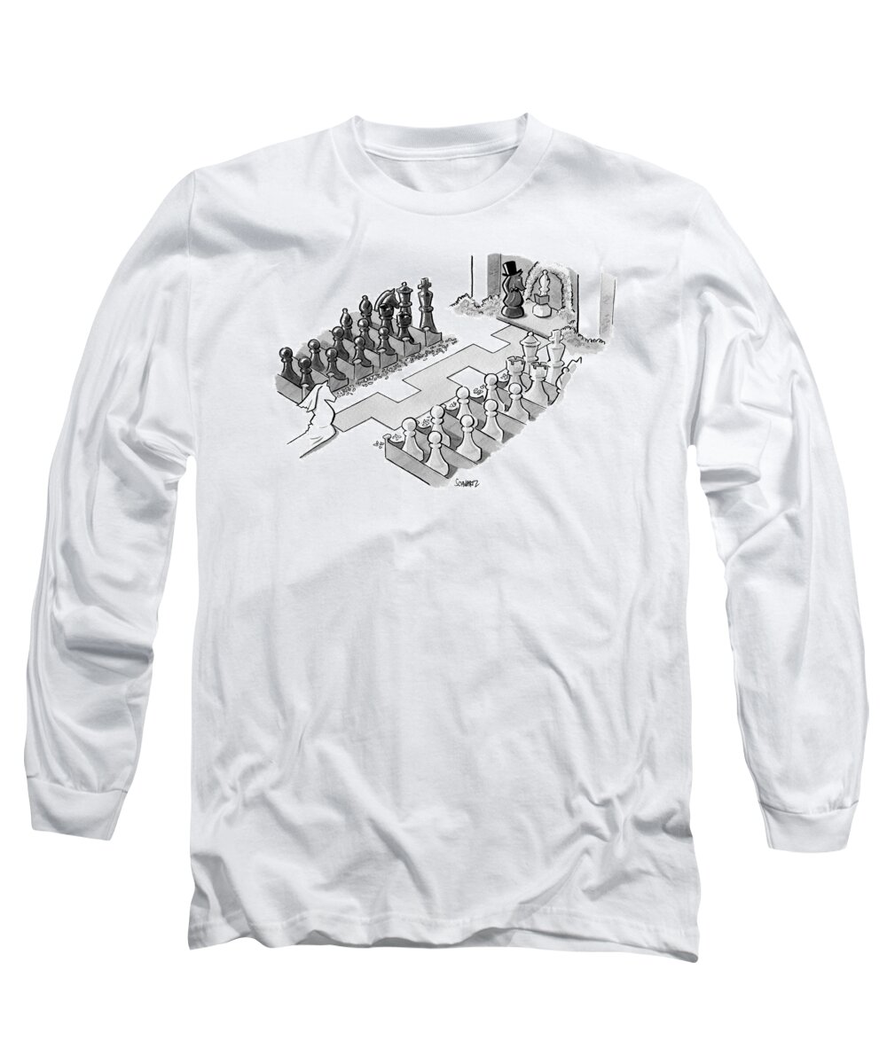 Captionless Wedding Long Sleeve T-Shirt featuring the drawing A Wedding In Which The Characters Are All Chess by Benjamin Schwartz