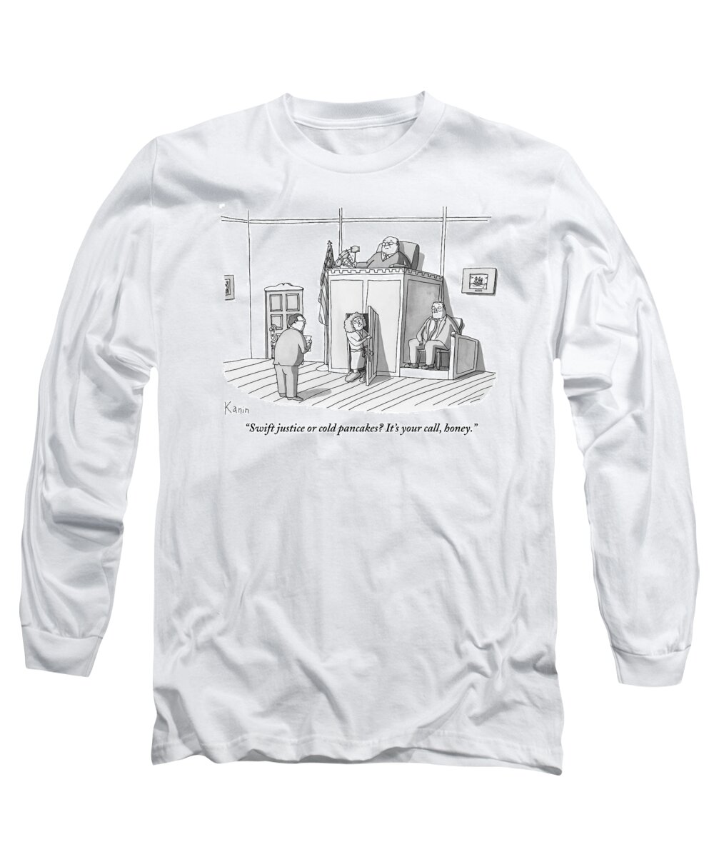 Courtroom Scenes Long Sleeve T-Shirt featuring the drawing A Woman Dressed In A Bathrobe And Slippers by Zachary Kanin