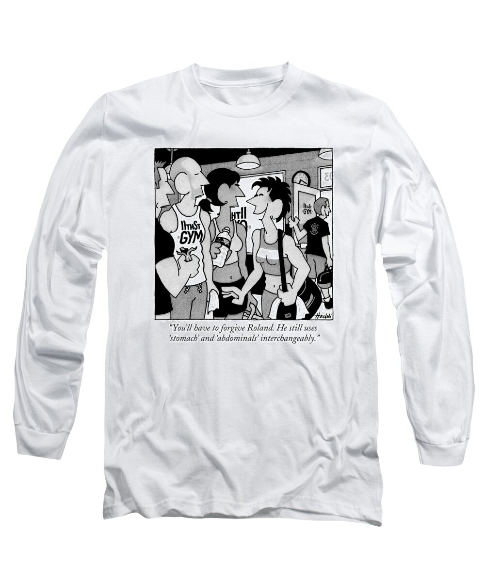 Exercise Long Sleeve T-Shirt featuring the drawing A Woman In Gym Clothing Speaks To A Group by William Haefeli