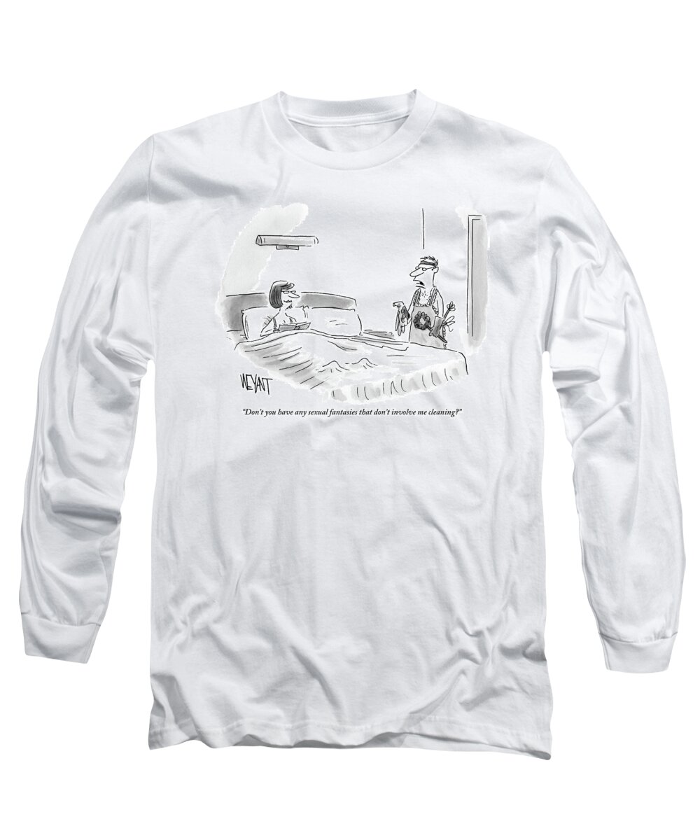 Sex Long Sleeve T-Shirt featuring the drawing A Woman Is Sitting Up In Bed And Her Husband by Christopher Weyant