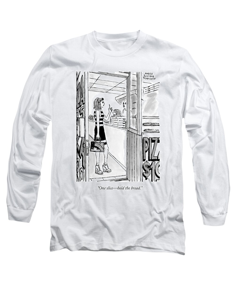 Pizza Long Sleeve T-Shirt featuring the drawing A Woman Orders A Pizza At The Counter by Marisa Acocella Marchetto