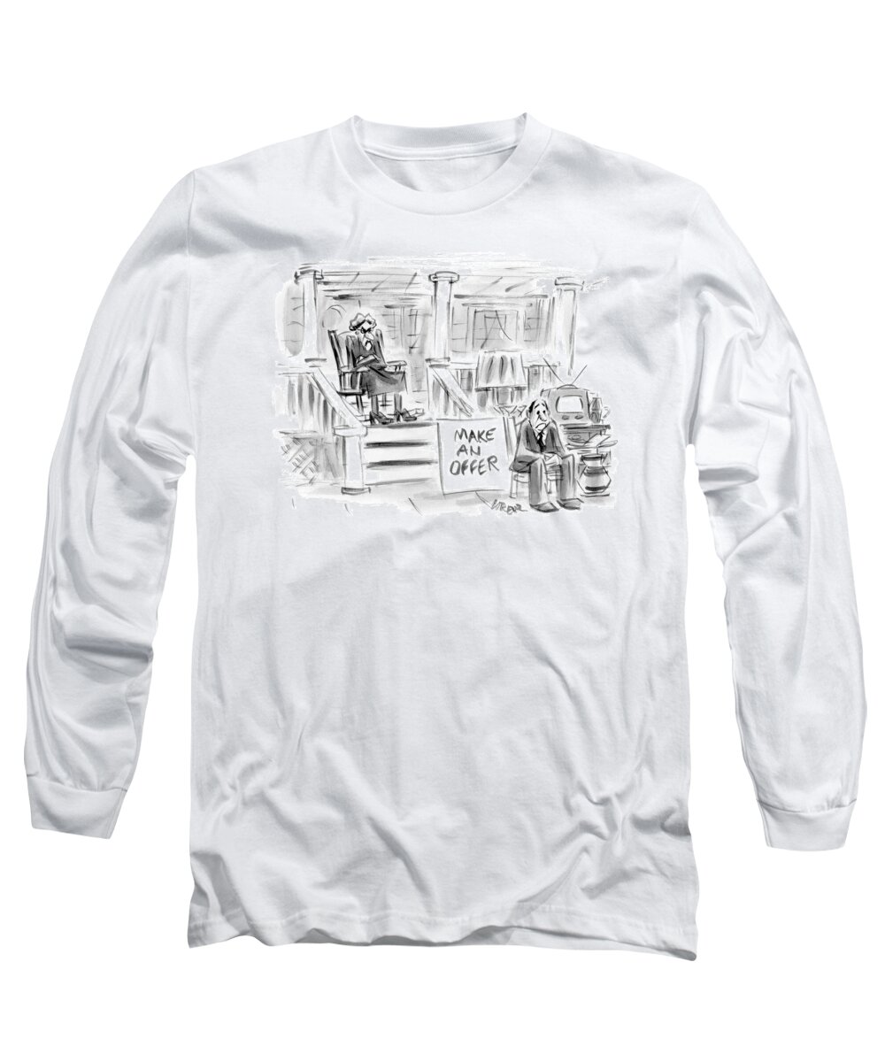 Captionless Long Sleeve T-Shirt featuring the drawing A Woman Sitting On A Porch Is Selling Her Husband by Lee Lorenz
