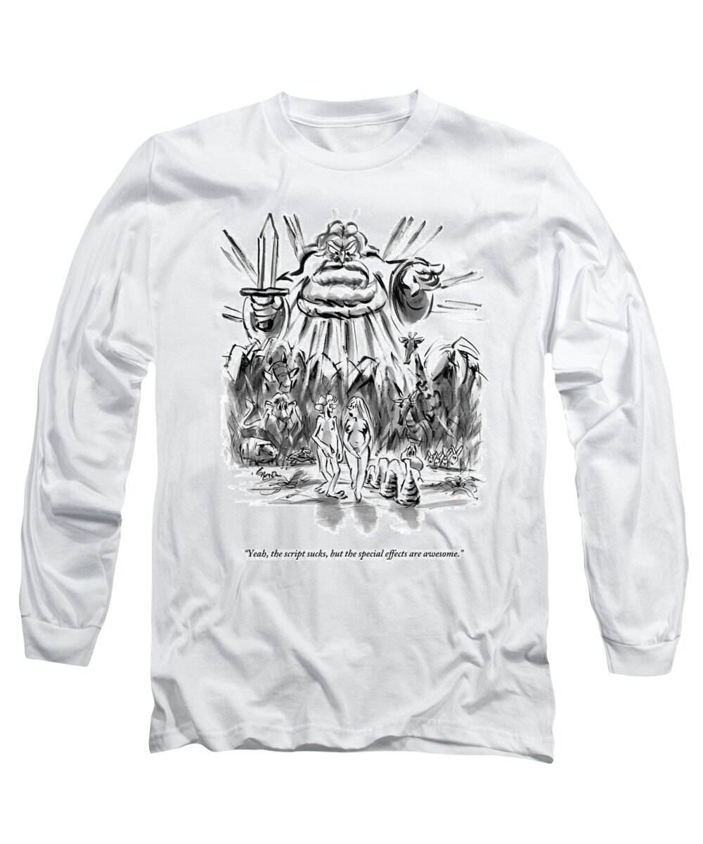 Adam And Eve Long Sleeve T-Shirt featuring the drawing Adam And Eve Are Seen Walking In The Garden by Lee Lorenz