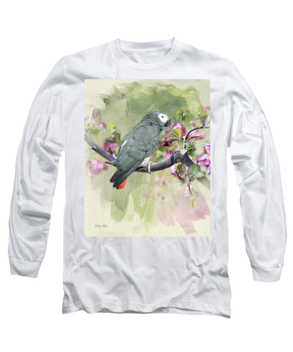 African Gray Parrot Long Sleeve T-Shirt featuring the photograph African Gray Among the Blossoms by Betty LaRue