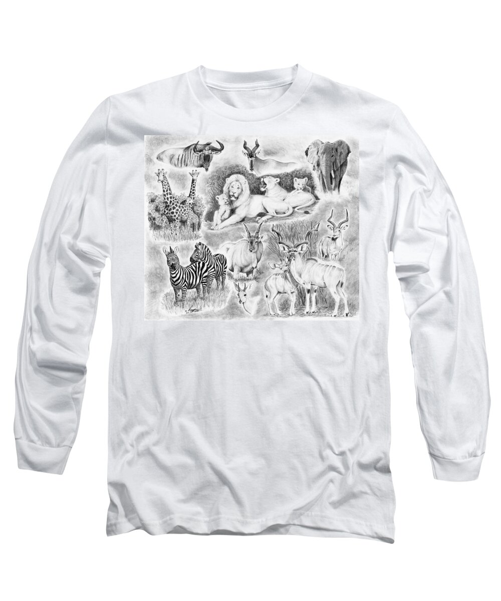 Giraffe Long Sleeve T-Shirt featuring the drawing African Safari by Darcy Tate
