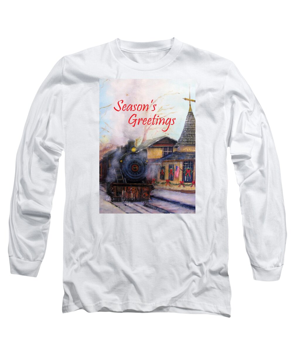 New Hope Long Sleeve T-Shirt featuring the painting All Aboard at the New Hope Train Station Card by Loretta Luglio