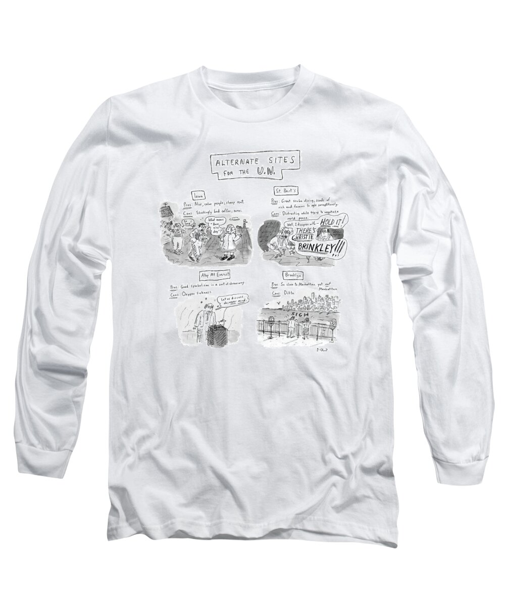Keys: Politics Long Sleeve T-Shirt featuring the drawing Alternate Sites For The U.n by Roz Chast
