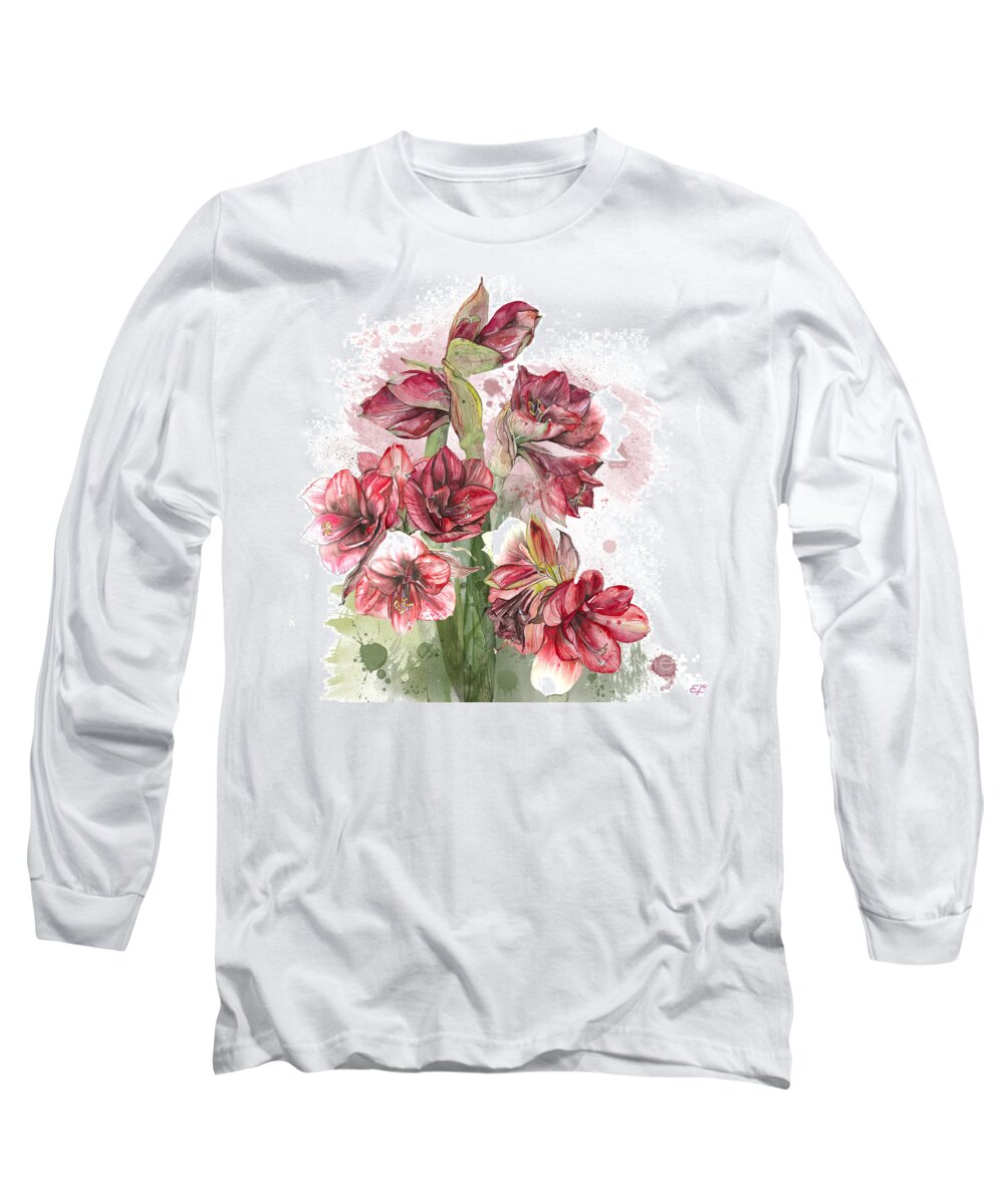 Amaryllis Long Sleeve T-Shirt featuring the painting Amaryllis Flowers - 4. - Elena Yakubovich by Elena Daniel Yakubovich