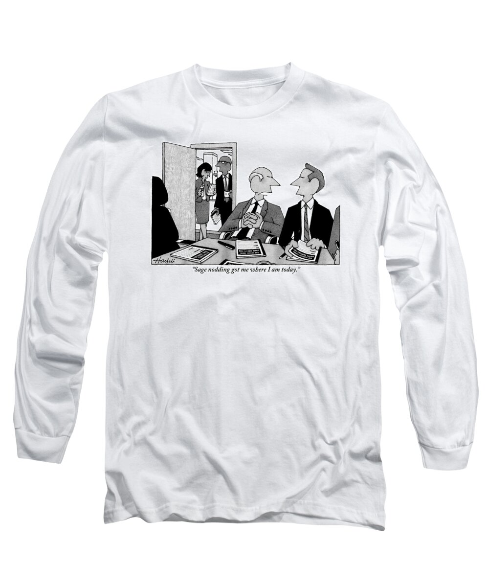 Meetings Long Sleeve T-Shirt featuring the drawing An Older Man Addresses A Younger Man At A Board by William Haefeli