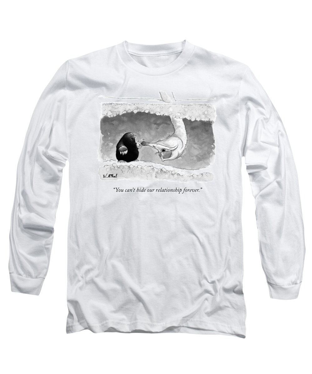 Ostrich Long Sleeve T-Shirt featuring the drawing An Underground Mole Says To A Ostrich Poking by Will McPhail