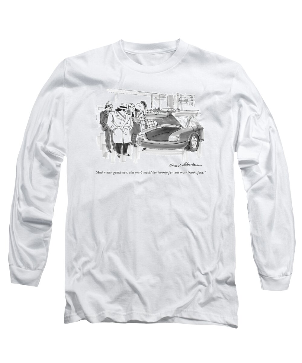 Crime Long Sleeve T-Shirt featuring the drawing And Notice, Gentlemen, This Year's Model by Bernard Schoenbaum