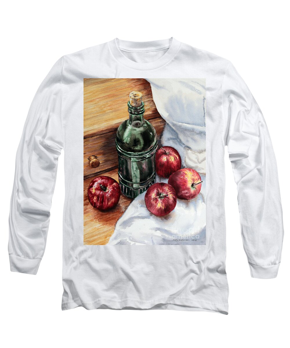 Watercolor Long Sleeve T-Shirt featuring the painting Apples and a Bottle of Liqueur by Joey Agbayani