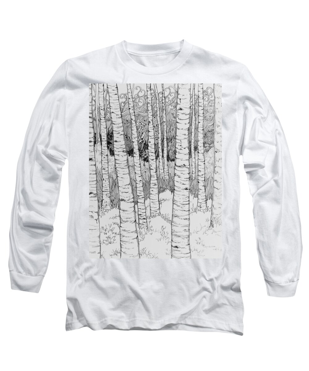 Pen And Ink Long Sleeve T-Shirt featuring the drawing Aspen Forest by Terry Holliday