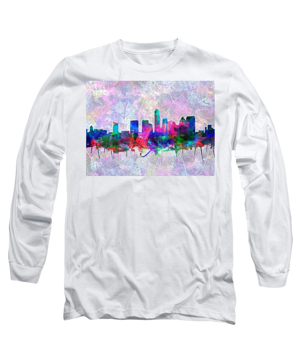 Austin Texas Long Sleeve T-Shirt featuring the painting Austin Texas Skyline Watercolor 2 by Bekim M