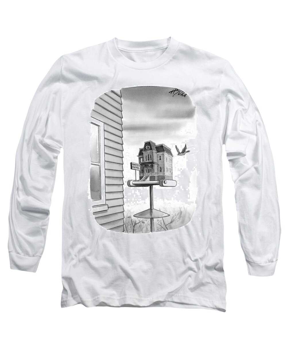 Movies - General Long Sleeve T-Shirt featuring the drawing Bates Motel Birdhouse by Harry Bliss