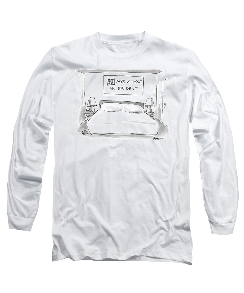 Captionless Long Sleeve T-Shirt featuring the drawing Big Empty Bed With Sign Above That Reads 97 Days by Ken Krimstein