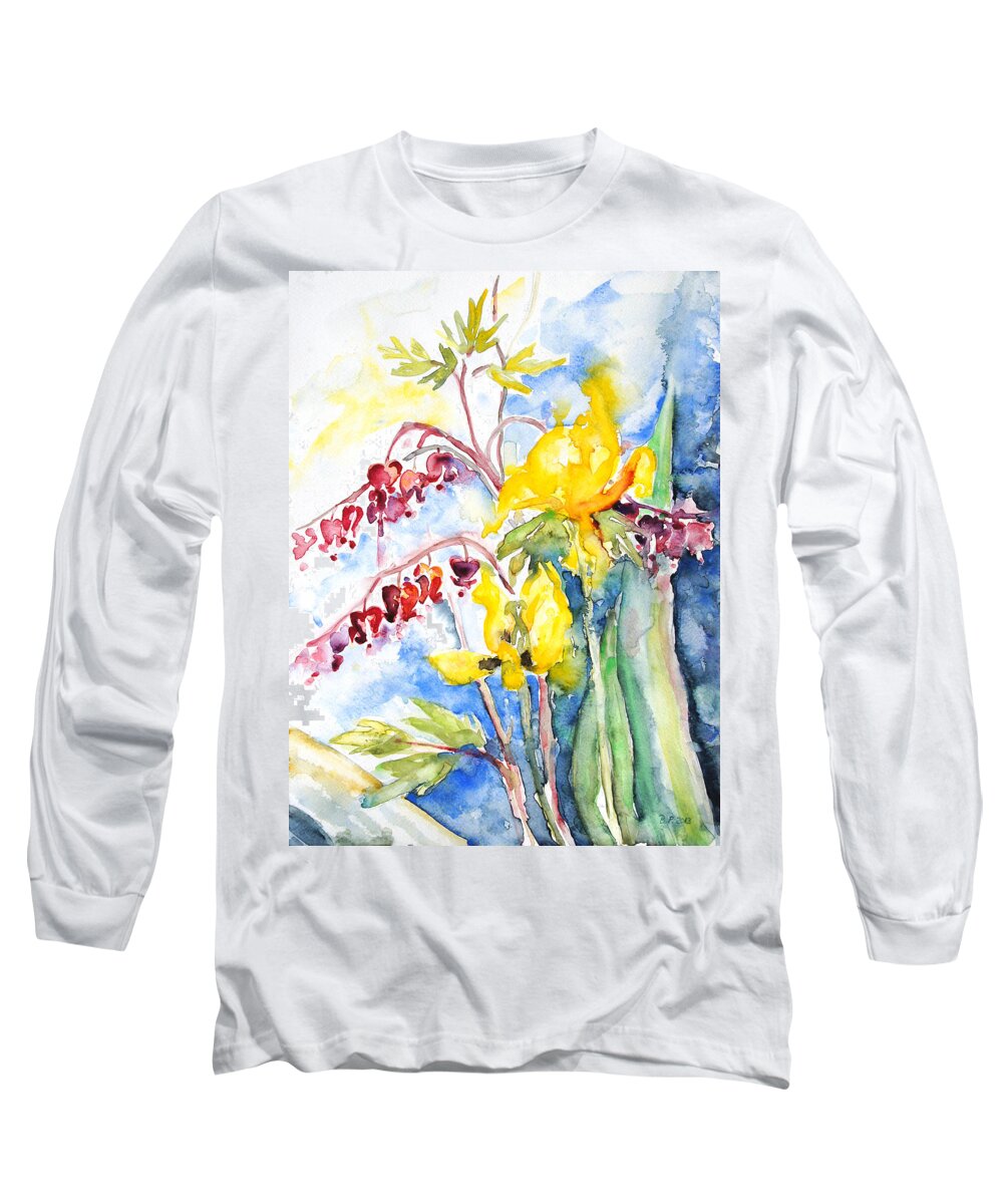 Still Life Long Sleeve T-Shirt featuring the painting Bleeding Heart With Tulips by Barbara Pommerenke