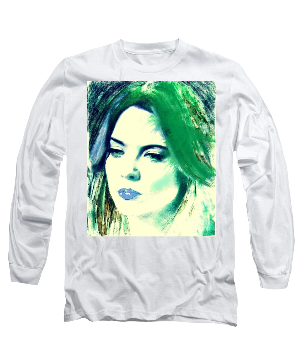 Portrait Long Sleeve T-Shirt featuring the mixed media Blue lips on Green by Kim Prowse
