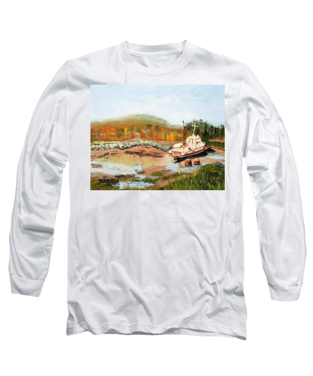 Painting Long Sleeve T-Shirt featuring the painting Boat at Bic Quebec by Michael Daniels