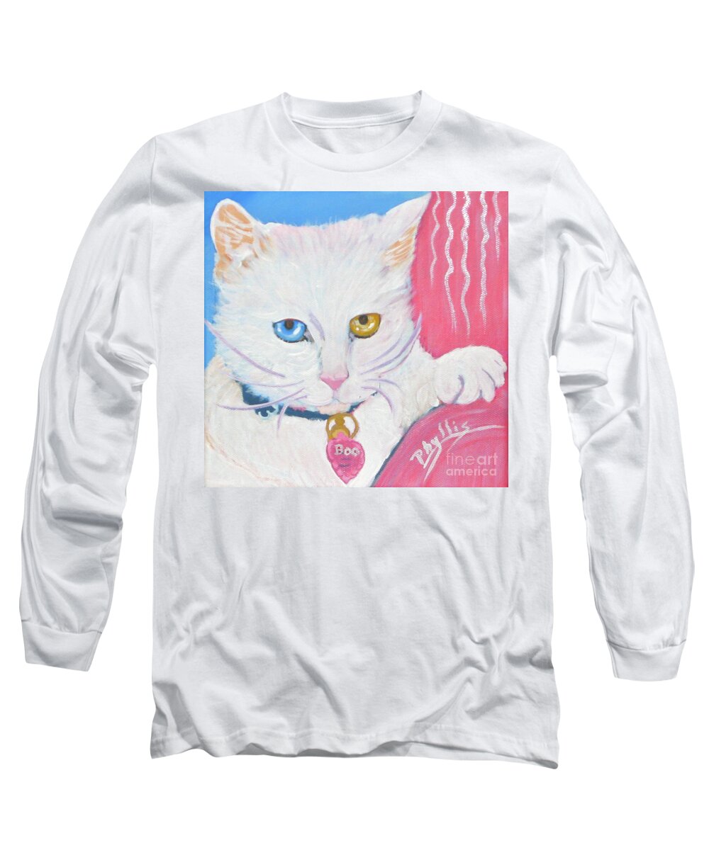 White Kitty Long Sleeve T-Shirt featuring the painting Boo Kitty by Phyllis Kaltenbach