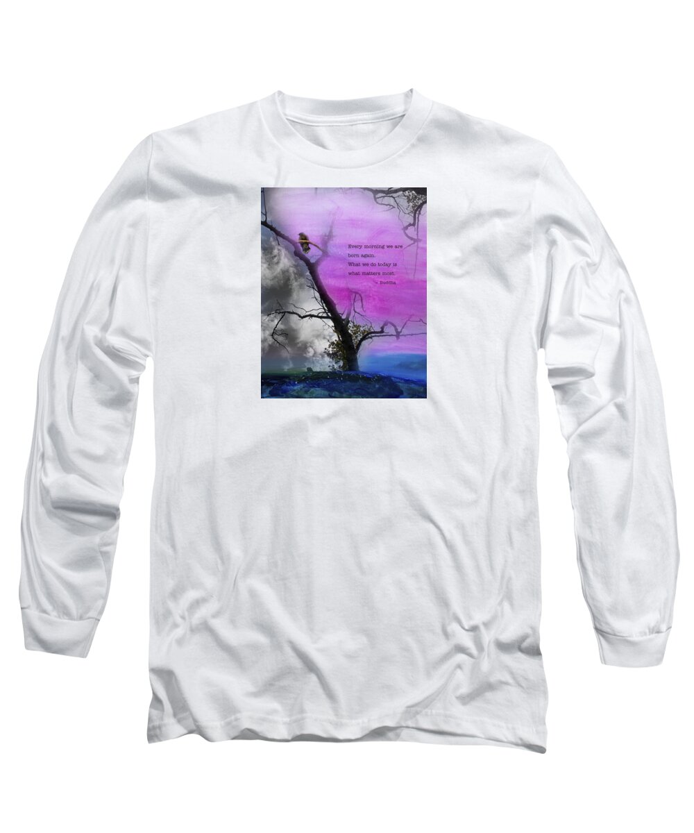 Inspirational Long Sleeve T-Shirt featuring the mixed media Born Again - Tree art with Buddha Quote by Stella Levi