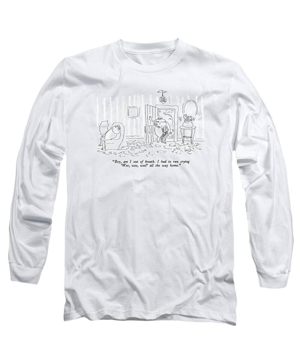 

Boy Long Sleeve T-Shirt featuring the drawing Boy, Am I Out Of Breath. I Had To Run Crying by Arnie Levin