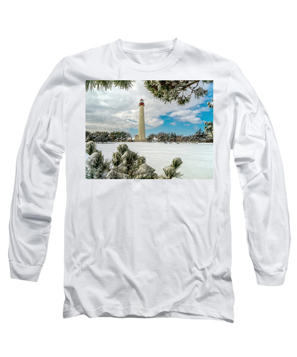 Beacon Long Sleeve T-Shirt featuring the photograph Cape May Light thru Snowy Trees by Nick Zelinsky Jr