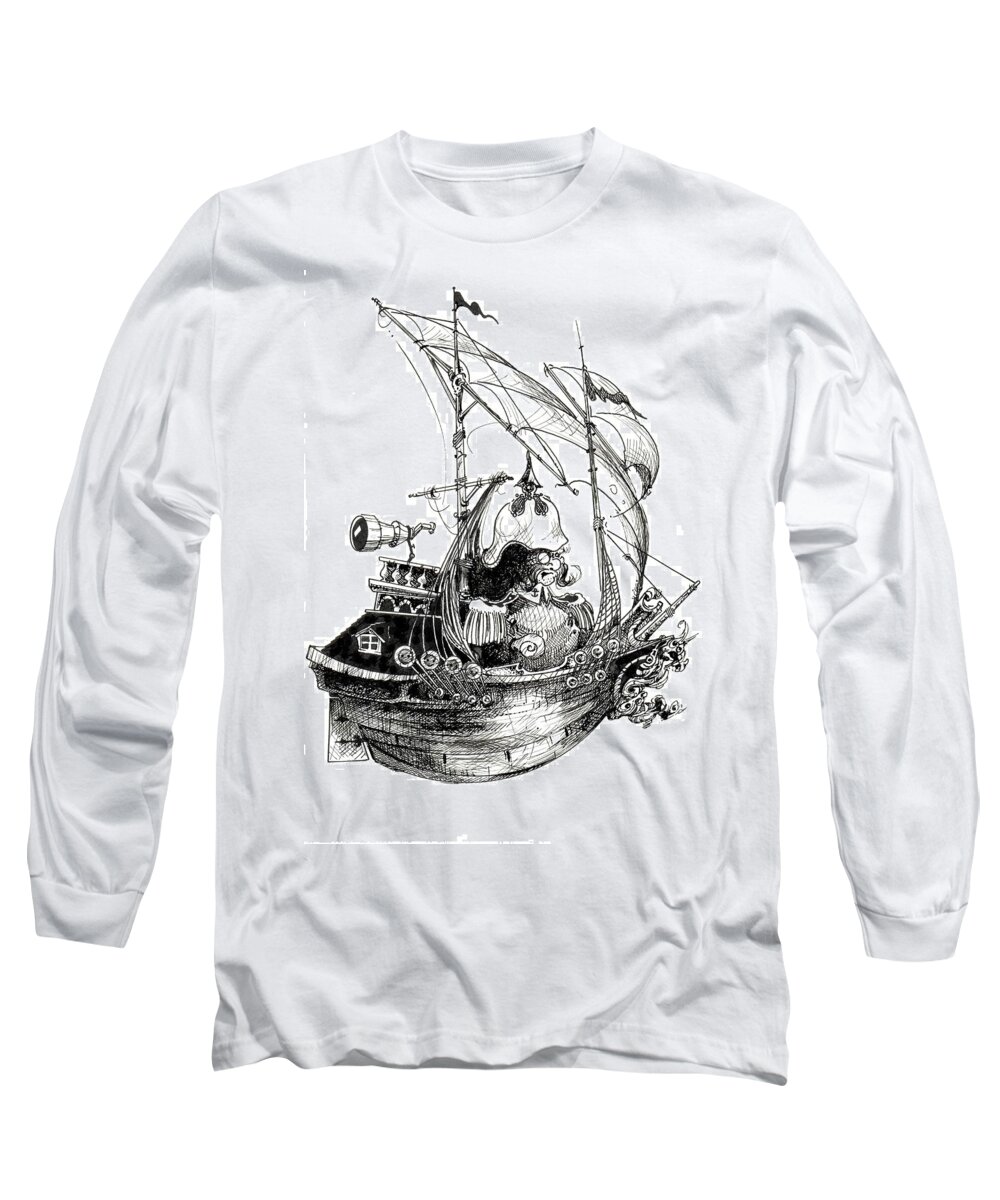 Sail Long Sleeve T-Shirt featuring the drawing Captain by Julio R Lopez Jr