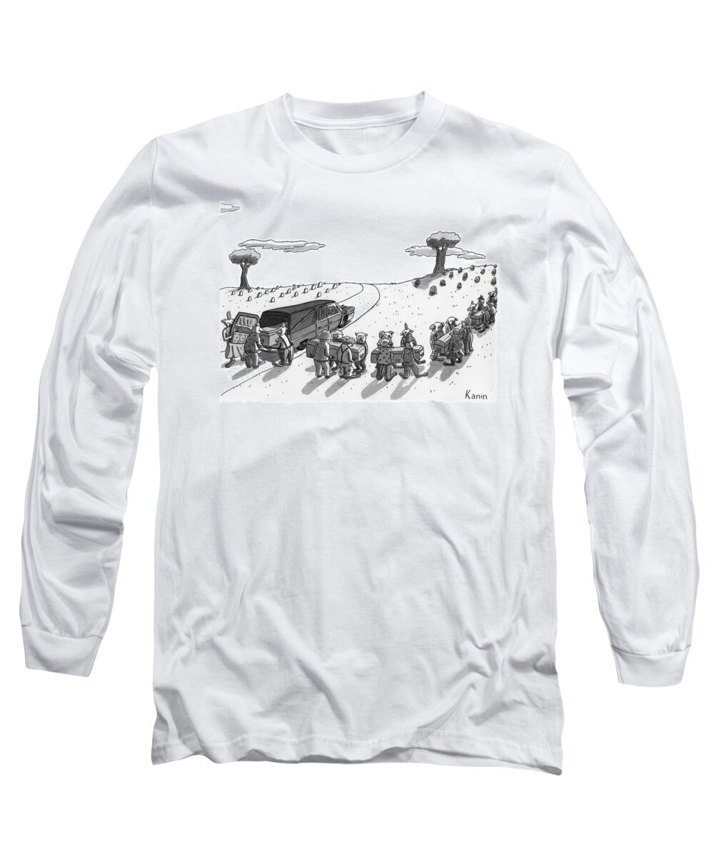 Funeral Long Sleeve T-Shirt featuring the drawing Captionless. In A Cemetery by Zachary Kanin