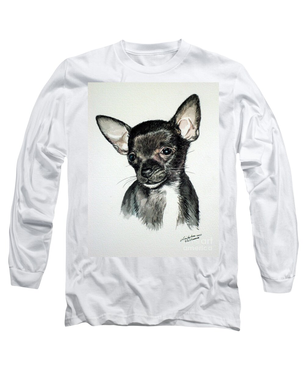 Dog Long Sleeve T-Shirt featuring the painting Chihuahua black 2 by Christopher Shellhammer
