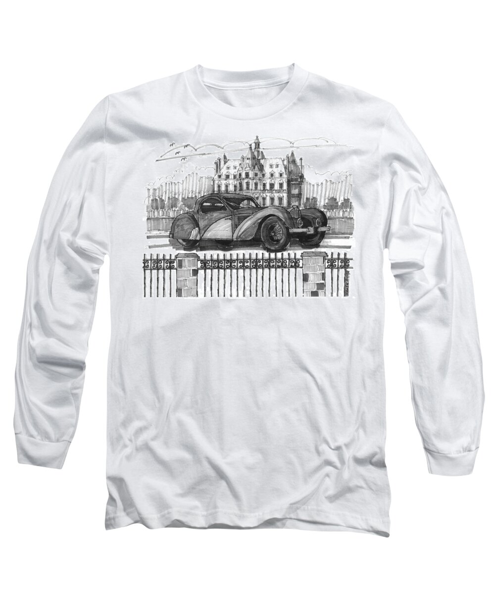 Classic Auto Long Sleeve T-Shirt featuring the drawing Classic Auto with Chateau by Richard Wambach
