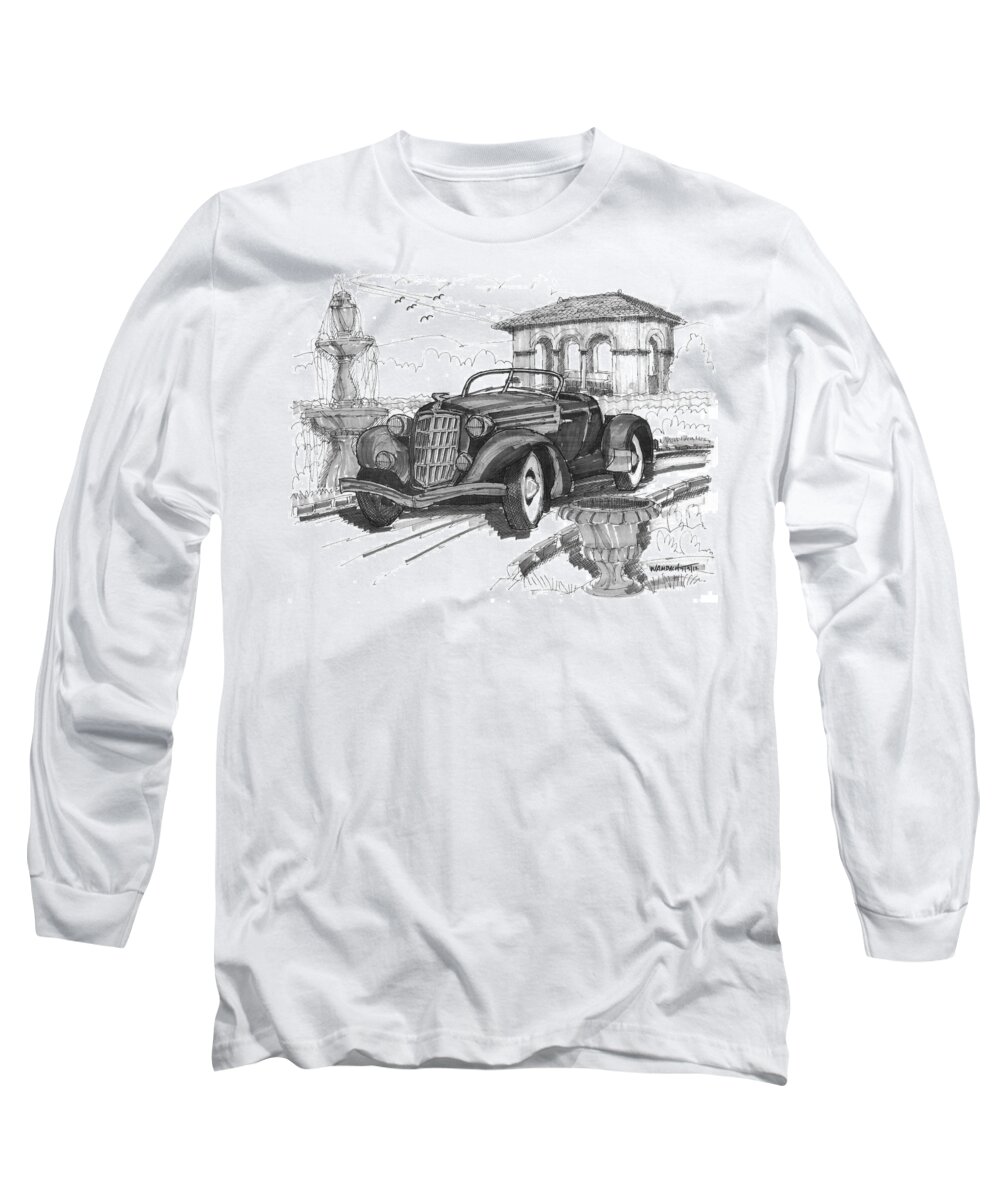 Classic Auto Long Sleeve T-Shirt featuring the drawing Classic Auto with Formal Gardens by Richard Wambach