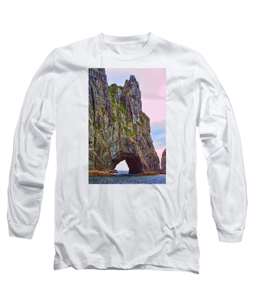 Foreign. Place Long Sleeve T-Shirt featuring the photograph Coastal Rock Open Arch by Linda Phelps