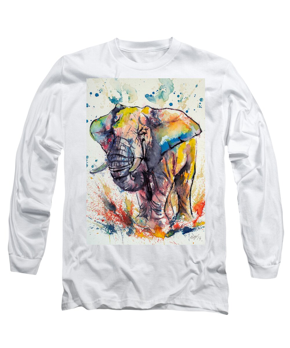Elephant Long Sleeve T-Shirt featuring the painting Colorful elephant by Kovacs Anna Brigitta