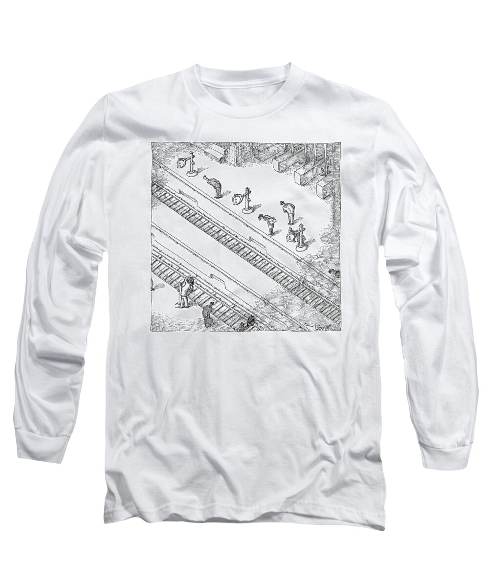 Train Station Long Sleeve T-Shirt featuring the drawing Commuters Are Seen Standing On A Train Station by John O'Brien
