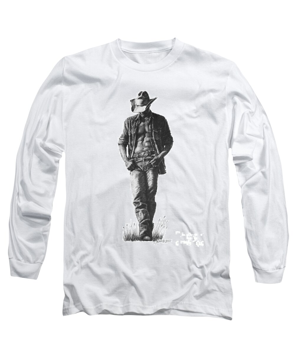 Man Long Sleeve T-Shirt featuring the drawing Cowboy by Marianne NANA Betts