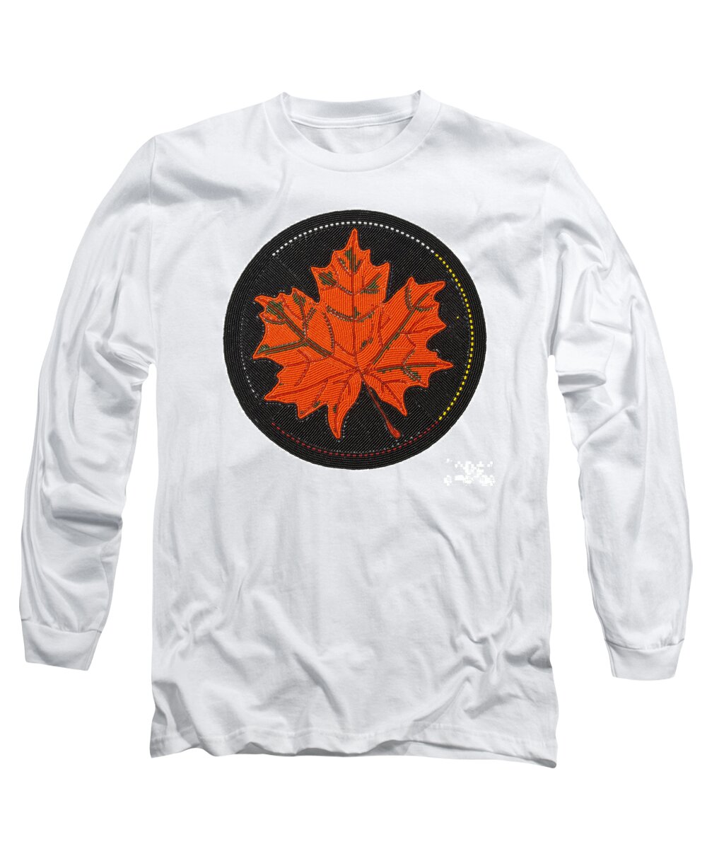 Beadwork Long Sleeve T-Shirt featuring the digital art Cradleboard Beadwork Fall Maple Leaf by Douglas Limon