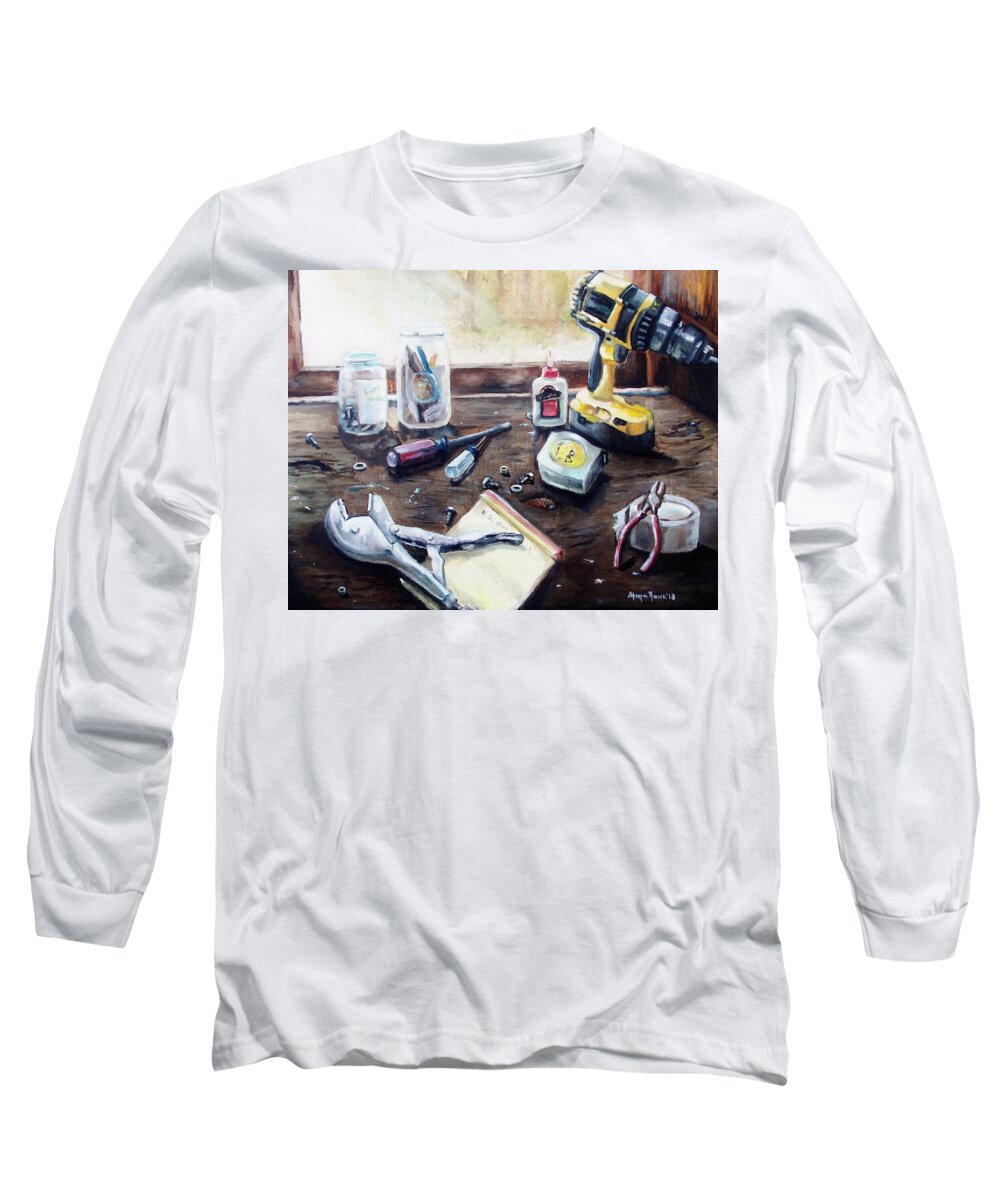 Tool Long Sleeve T-Shirt featuring the painting Dad's Bench by Shana Rowe Jackson