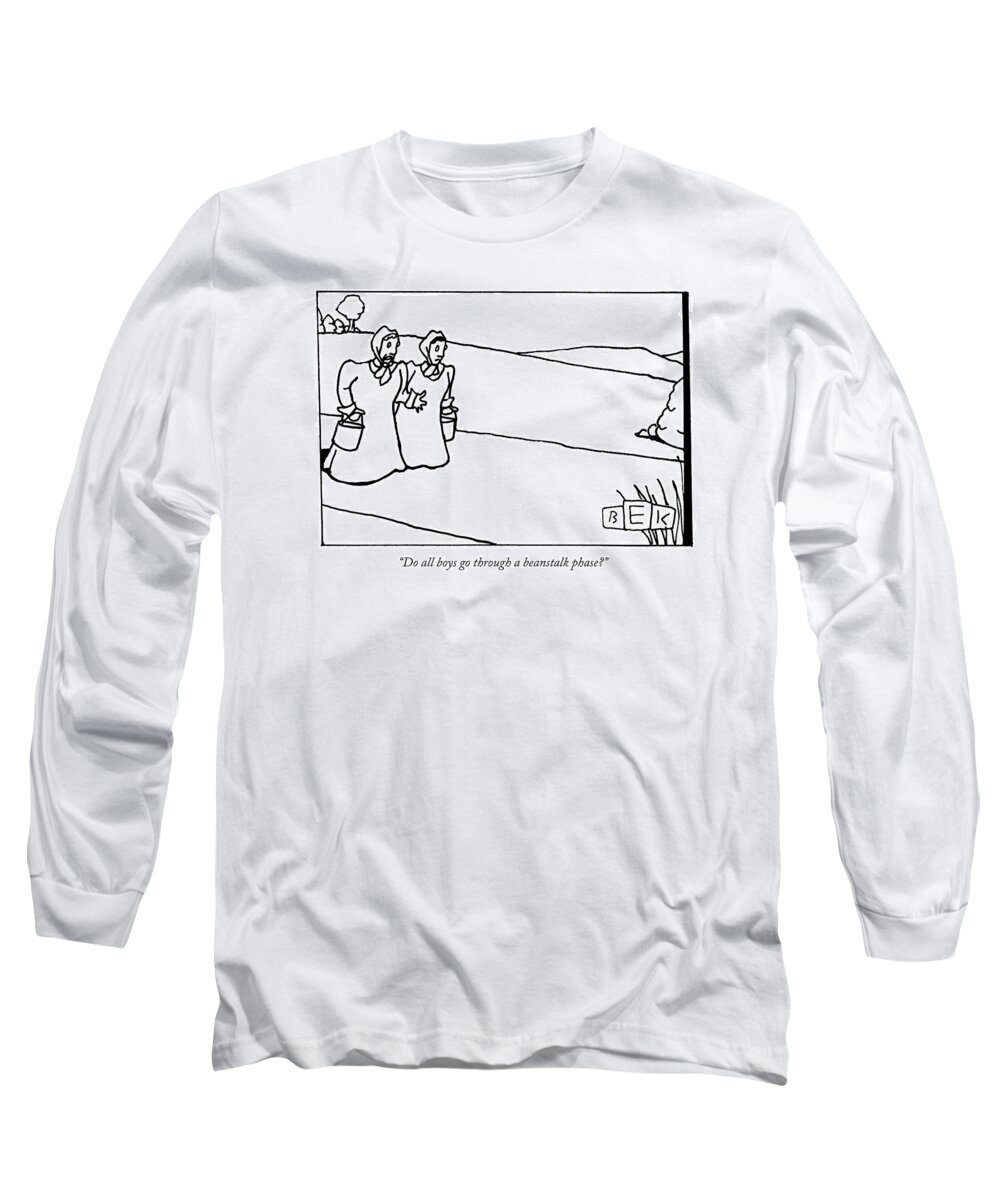 Children's Stories Fictional Characters Jack And The Beanstalk Children Parents Family Long Sleeve T-Shirt featuring the drawing Do All Boys Go Through A Beanstalk Phase? by Bruce Eric Kaplan