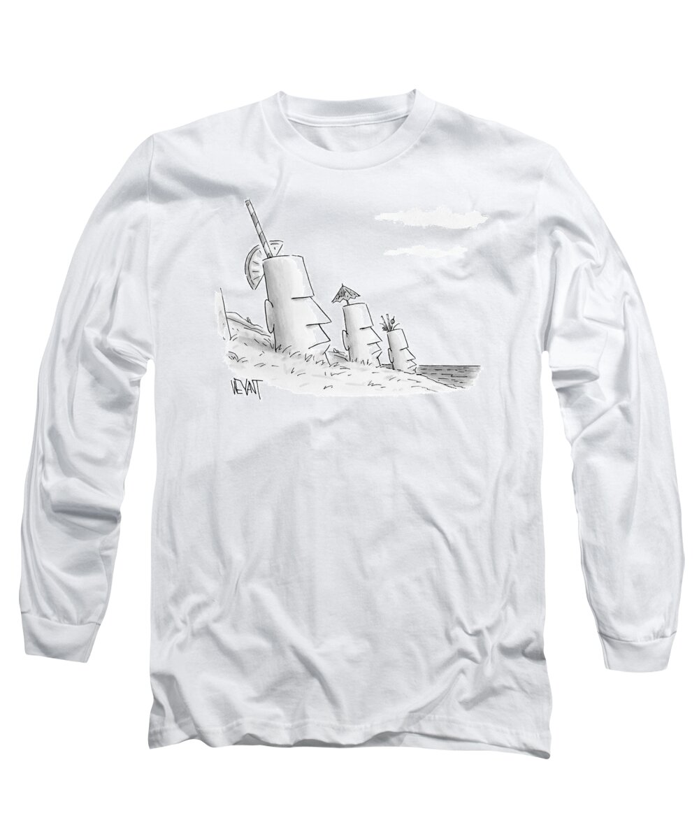 Captionless Long Sleeve T-Shirt featuring the drawing Easter Island Statues Have Straws And Umbrellas by Christopher Weyant
